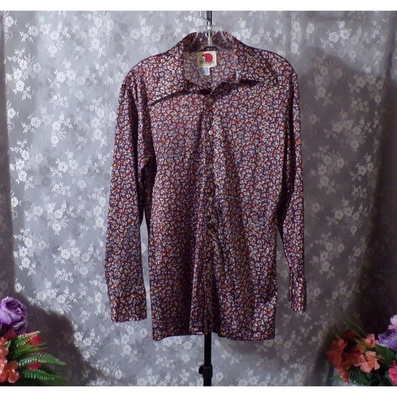 Vintage 70s Shirt 1970s Floral Blouse Wide Collar Retro Hippie Size Medium M/L - Picture 1 of 5